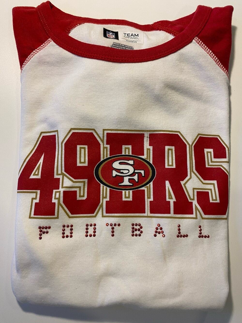 SF 49ers Team Apparel Women’s Tee Shirt Bejeweled W Pink Rhinestones Size Small